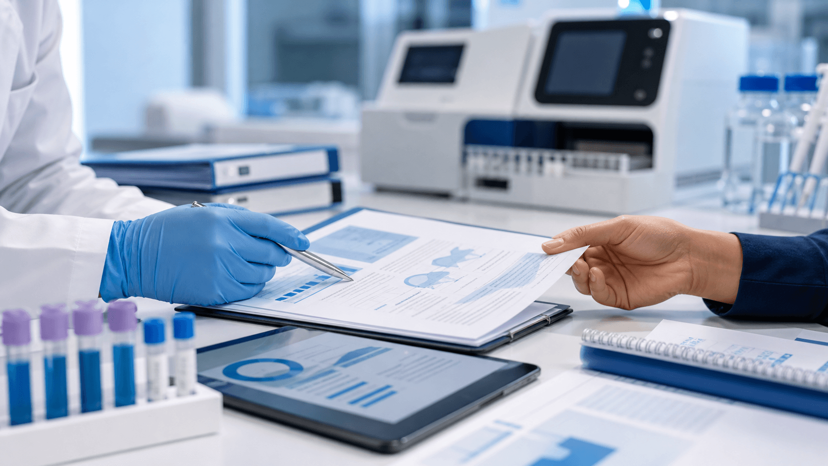 Technical documentation and analyzer datasheets being reviewed in a laboratory setting