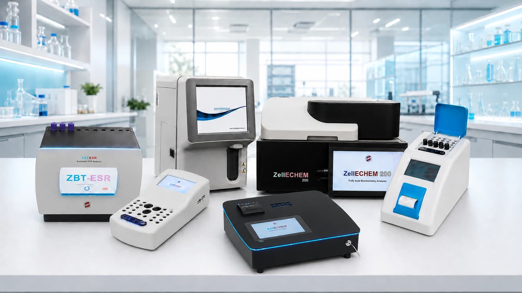 SSQLLC ESR, chemistry, coagulation, and hematology analyzer platforms displayed in a laboratory